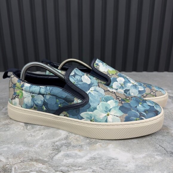 GUCCI Bloom Flower Print Blue GG Supreme Canvas Slip-on 8.5 G or 9 US 42.5 EU - Picture 2 of 16